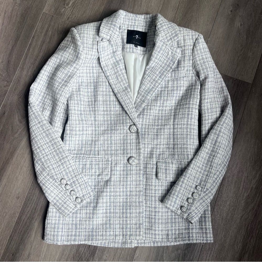 Women’s 7 For All Mankind Tweed 3 Button Blazer Pastel Blue White Lined XS